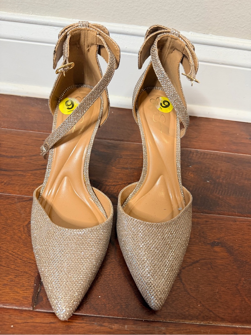 Jessica Simpson Size 9 Gold Glitter Bow Ankle Strap Heels